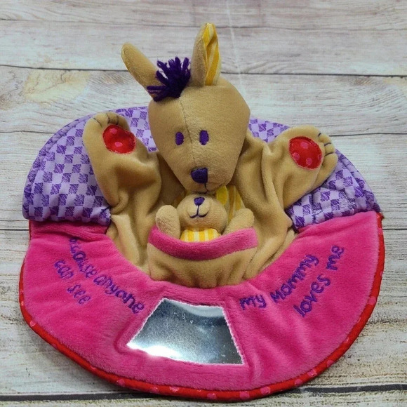 Mommy & Me Plush Kangaroo Puppet Rattle Mirror Tan Green Purple Baby Toy 9.5" - Picture 4 of 6